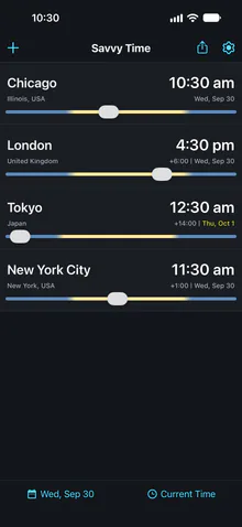 Savvy Time on iPhone in dark mode: Chicago, London, Tokyo and New York City at 10:30 AM in Chicago
